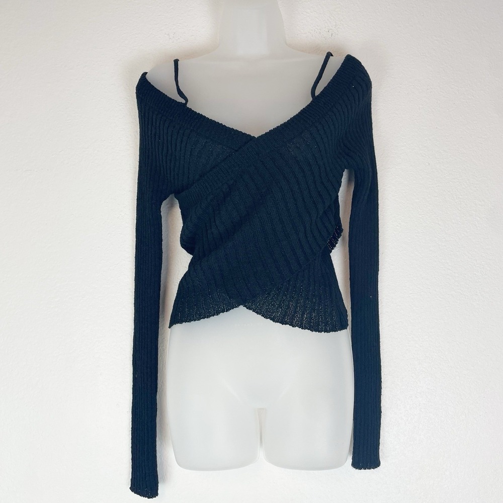 New SO ME Top Womens Large Ribbed Knit Balletcore Faux Wrap Cross Front Black L